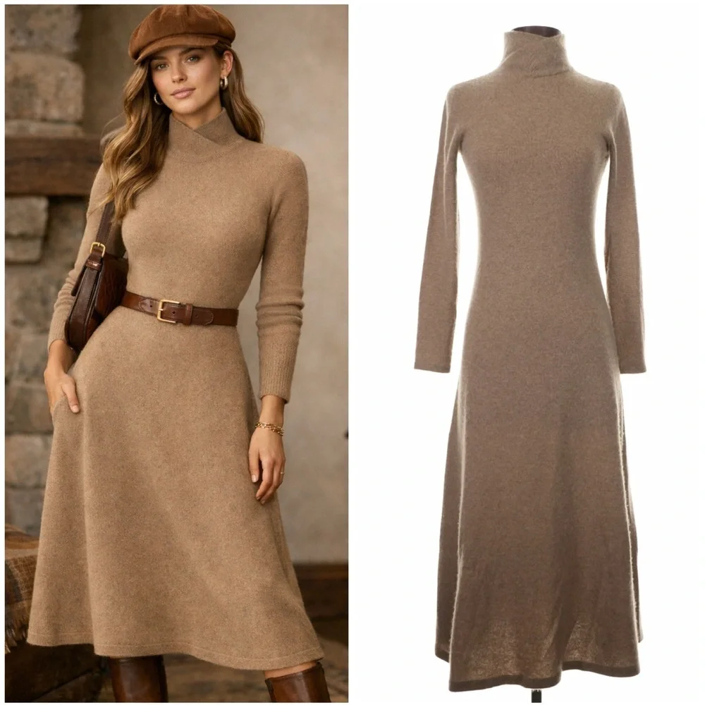 Ralph Lauren 100% Cashmere Turtleneck Sweater Dress Midi Long Sleeve Tan Brown - Picture 1 of 10